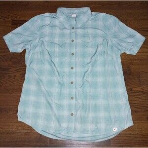 Duluth Trading Company Shirt Womens Large Green White Plaid Short Sleeve
